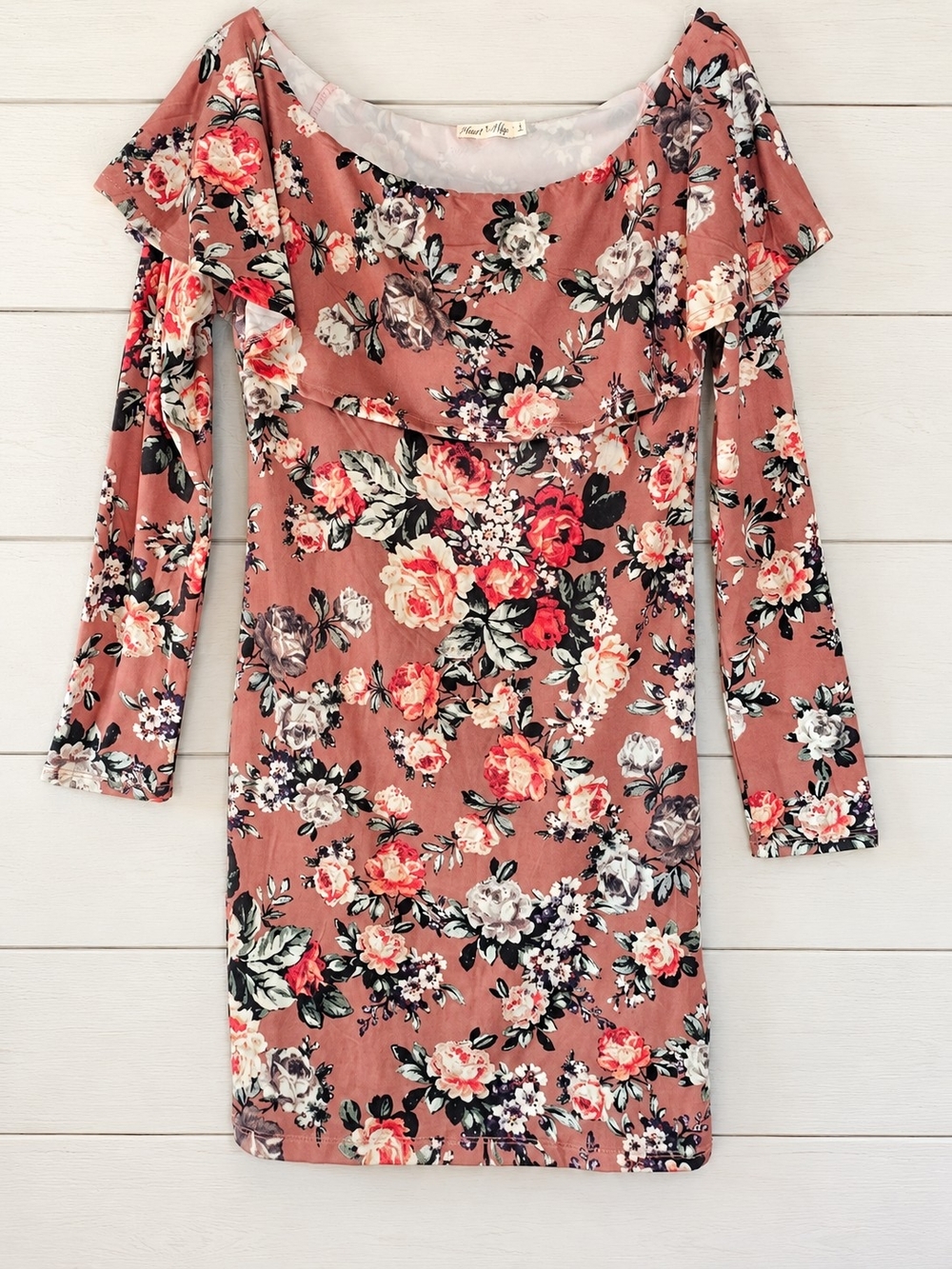 Heart Hips Floral Bodycon Mini Dress L Dusty Rose Ruffle Long Sleeve